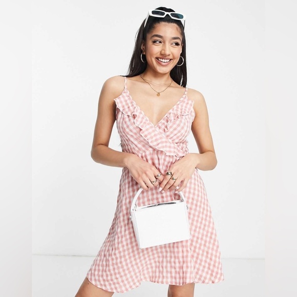 QED London frill wrap cami mini dress in pink gingham print NWT - Picture 8 of 8